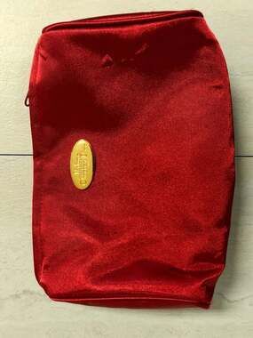 Parfums Christian Dior Red Satin Cosmetic Makeup Bag with Gold Logo Plaque